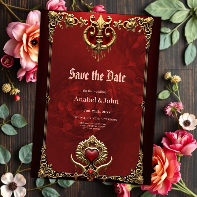 Elegance in red lustre with an ornate heart.  save the date (Creator Uploaded)