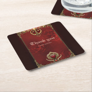 Elegance in red lustre with an ornate heart. square paper coaster