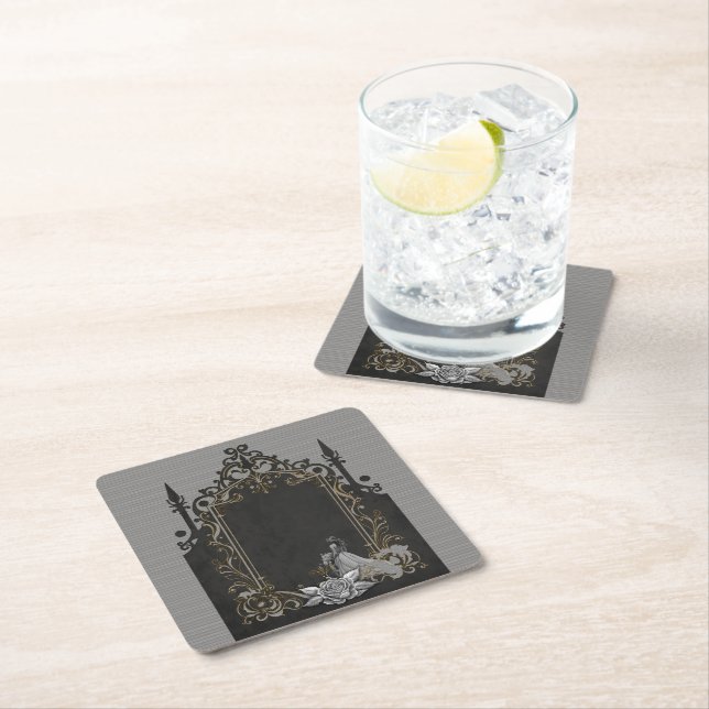 Elegance in silver and black. square paper coaster (Insitu)