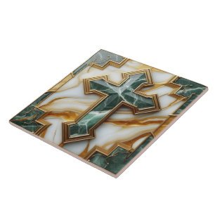 Elegance in Stone Golden-Framed Marble Cross Ceramic Tile