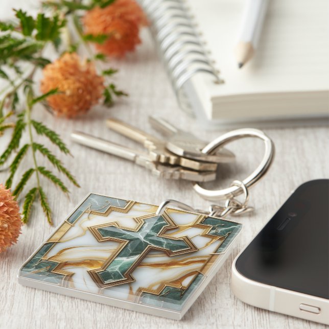 Elegance in Stone Golden-Framed Marble Cross Key Ring (Front Right)