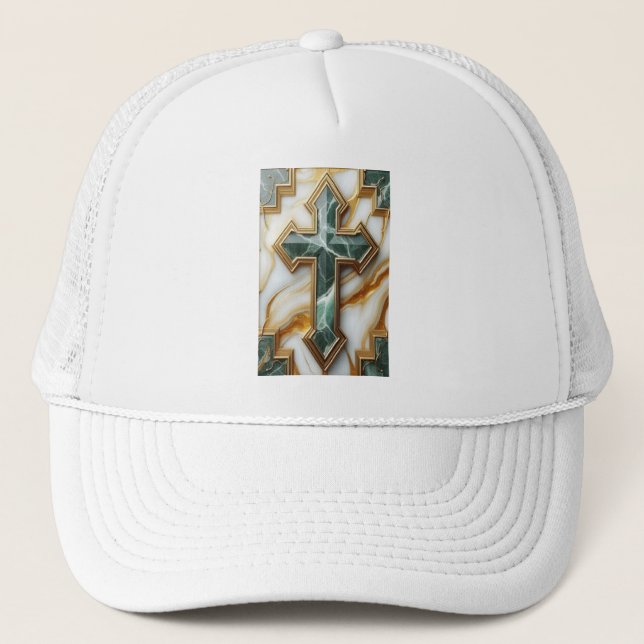 Elegance in Stone Golden-Framed Marble Cross Trucker Hat (Front)