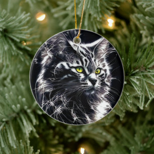 Elegance in Whiskers: Silver & Black Abstract Cat Ceramic Ornament