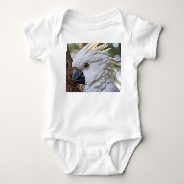 Elegance in White: The Majestic Aussie Cockatoo Baby Bodysuit (Front)