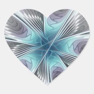 Elegance Modern Blue Gray White Fractal Art Flower Heart Sticker
