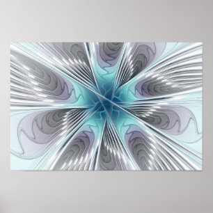 Elegance Modern Blue Gray White Fractal Art Flower Poster