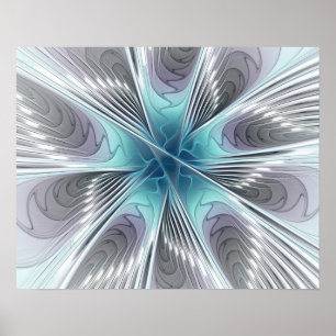 Elegance Modern Blue Gray White Fractal Art Flower Poster