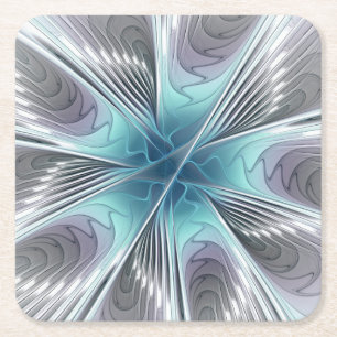 Elegance Modern Blue Gray White Fractal Art Flower Square Paper Coaster