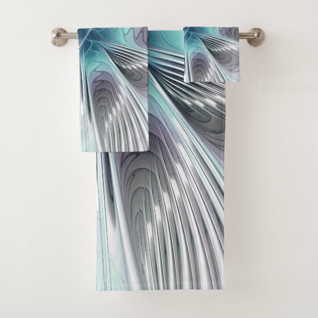 Elegance Modern Blue Grey White Fractal Art Flower Bath Towel Set (Insitu)