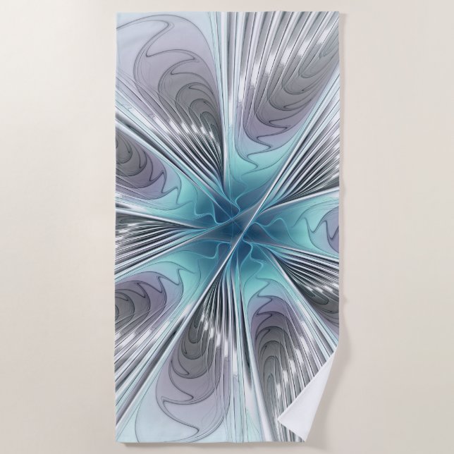 Elegance Modern Blue Grey White Fractal Art Flower Beach Towel (Front)