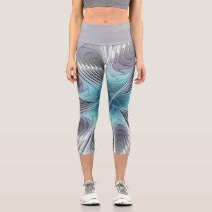 Elegance Modern Blue Grey White Fractal Art Flower Capri Leggings