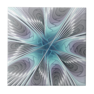 Elegance Modern Blue Grey White Fractal Art Flower Ceramic Tile