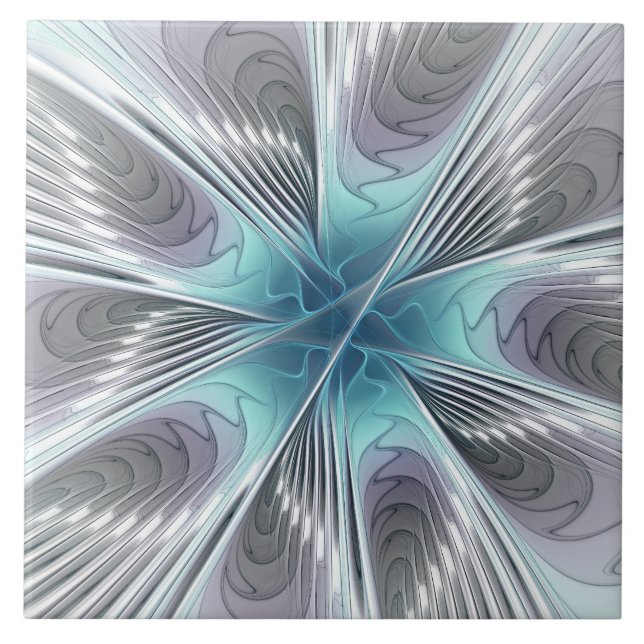 Elegance Modern Blue Grey White Fractal Art Flower Ceramic Tile (Front)