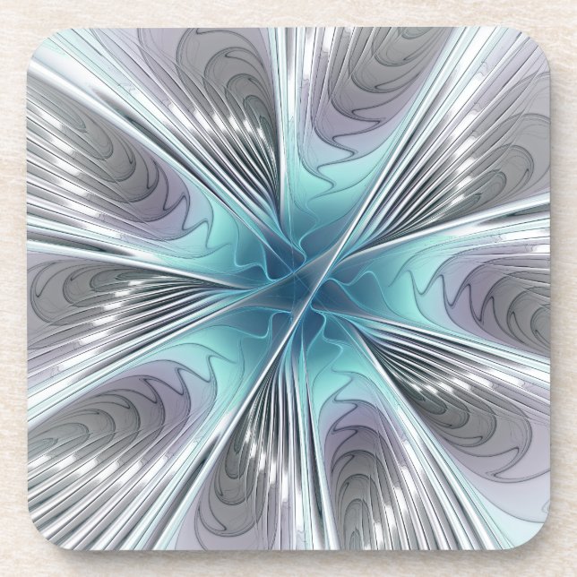 Elegance Modern Blue Grey White Fractal Art Flower Coaster (Front)