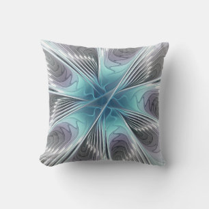 Elegance Modern Blue Grey White Fractal Art Flower Cushion