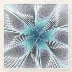 Elegance Modern Blue Grey White Fractal Art Flower Glass Coaster