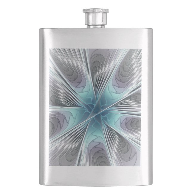 Elegance Modern Blue Grey White Fractal Art Flower Hip Flask (Front)