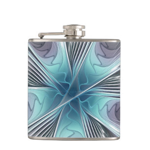 Elegance Modern Blue Grey White Fractal Art Flower Hip Flask