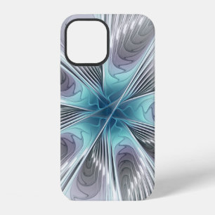 Elegance Modern Blue Grey White Fractal Art Flower iPhone 12 Case