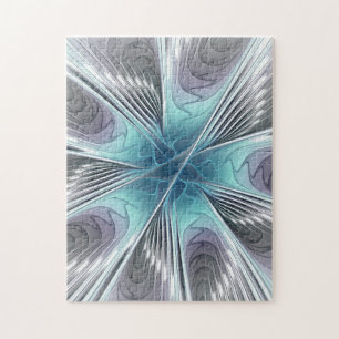 Elegance Modern Blue Grey White Fractal Art Flower Jigsaw Puzzle