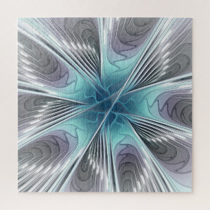 Elegance Modern Blue Grey White Fractal Art Flower Jigsaw Puzzle