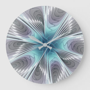 Elegance Modern Blue Grey White Fractal Art Flower Large Clock