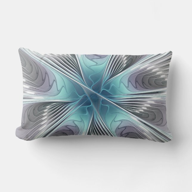 Elegance Modern Blue Grey White Fractal Art Flower Lumbar Cushion (Front)
