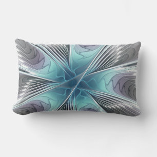 Elegance Modern Blue Grey White Fractal Art Flower Lumbar Cushion