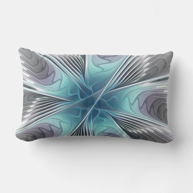 Elegance Modern Blue Grey White Fractal Art Flower Lumbar Cushion (Front)