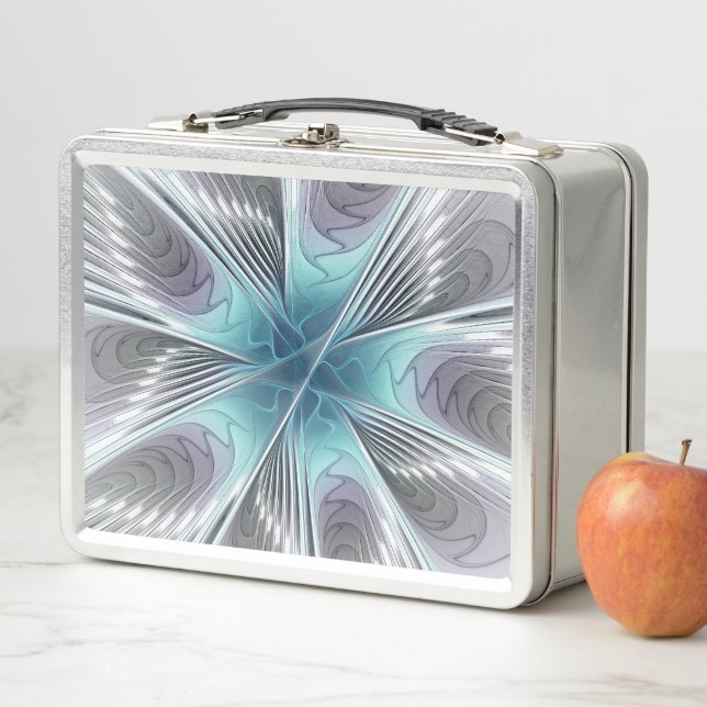Elegance Modern Blue Grey White Fractal Art Flower Metal Lunch Box (In Situ)