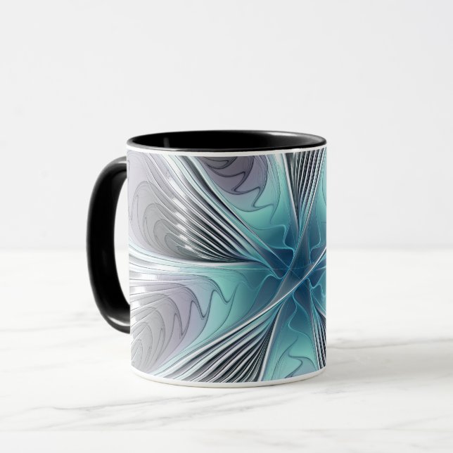 Elegance Modern Blue Grey White Fractal Art Flower Mug (Front Left)