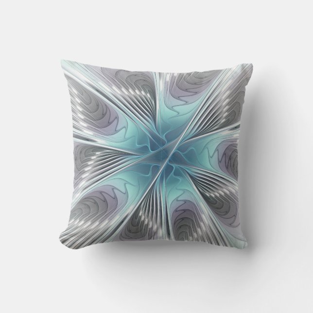 Elegance Modern Blue Grey White Fractal Art Flower Outdoor Cushion (Front)