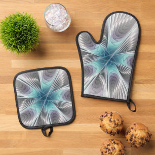 Elegance Modern Blue Grey White Fractal Art Flower Oven Mitt & Pot Holder Set