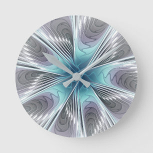Elegance Modern Blue Grey White Fractal Art Flower Round Clock