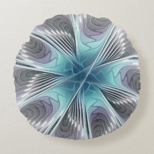 Elegance Modern Blue Grey White Fractal Art Flower Round Cushion