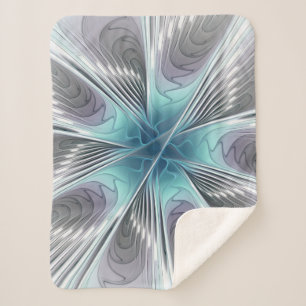 Elegance Modern Blue Grey White Fractal Art Flower Sherpa Blanket
