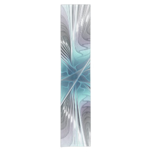 Elegance Modern Blue Grey White Fractal Art Flower Short Table Runner