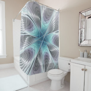 Elegance Modern Blue Grey White Fractal Art Flower Shower Curtain