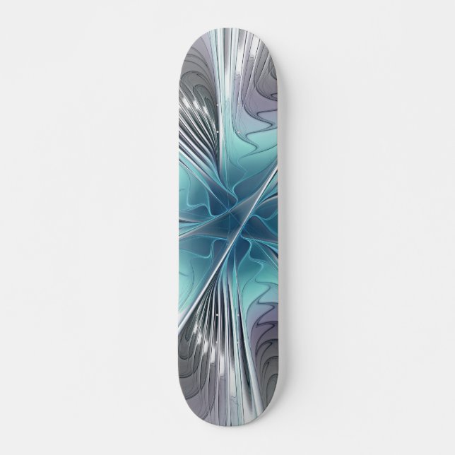 Elegance Modern Blue Grey White Fractal Art Flower Skateboard (Front)