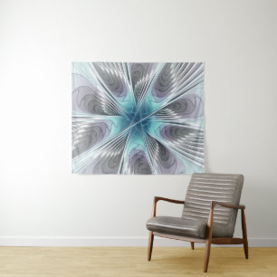Elegance Modern Blue Grey White Fractal Art Flower Tapestry