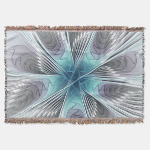 Elegance Modern Blue Grey White Fractal Art Flower Throw Blanket