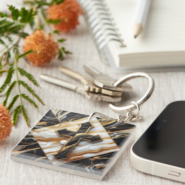 Elegance Monochrome Ceramic pattern Gilded Touches Key Ring (Front Right)