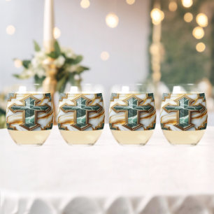 Elegance Monochrome Ceramic pattern Gilded Touches Stemless Wine Glass