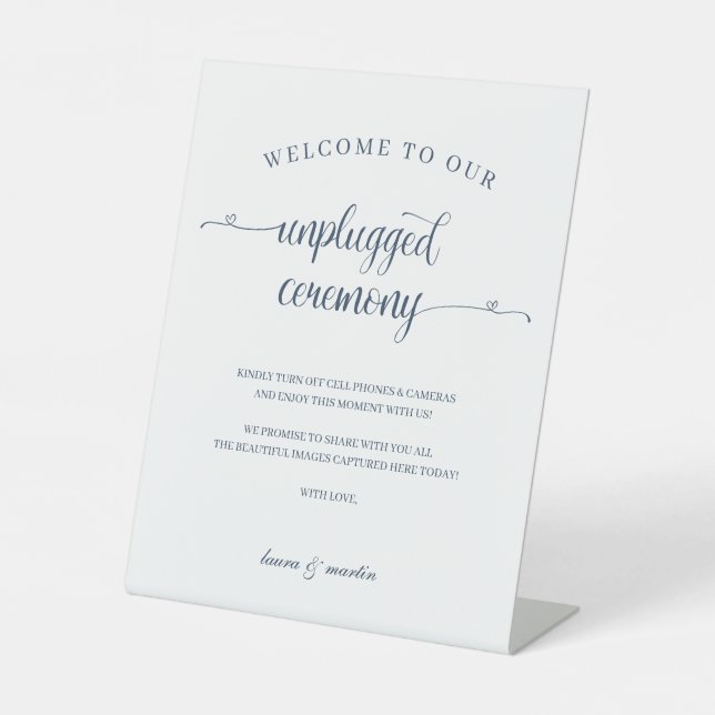 Elegance Navy Heart Script Unplugged Ceremony Pedestal Sign (Front)