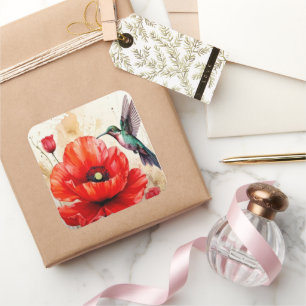 Elegance of Nature: Poppy and Hummingbird Harmony Square Sticker