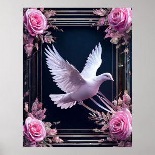 Elegance Of White Dove With Pink Roses Poster