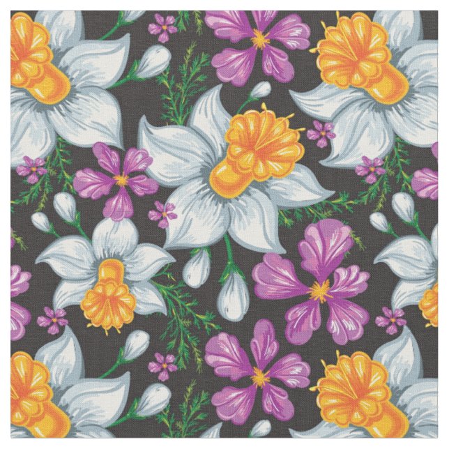 Elegance pattern with narcissus flowers 2 fabric (Close Up)