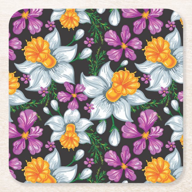 Elegance pattern with narcissus flowers 2 square paper coaster (Front)