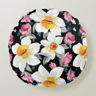 Elegance pattern with narcissus flowers round cushion