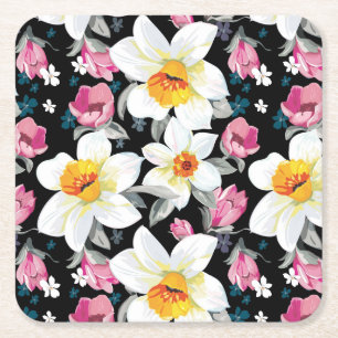Elegance pattern with narcissus flowers square paper coaster
